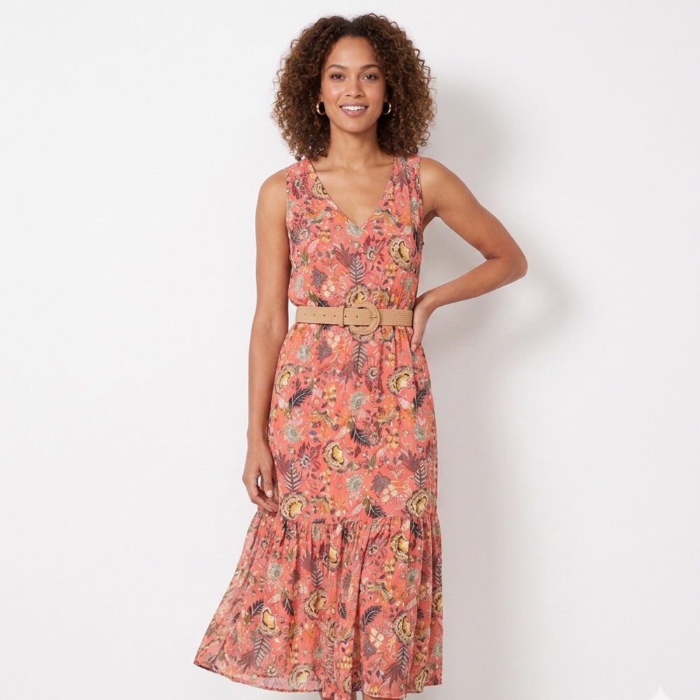 EVEREVE Brielle Floral Midi Dress Small Coral Sleeveless Smocked Pockets